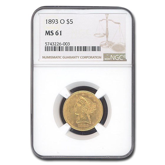 1893-O $5 Liberty Gold Half Eagle MS-61 NGC 1893-O $5 Liberty Gold Half Eagle MS-61 NGC